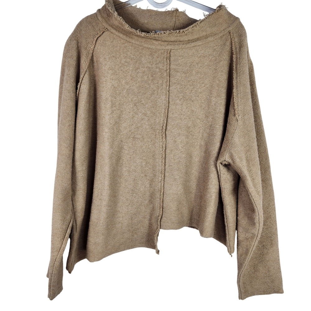 Asymmetrical Cotton Stretch Raw Hem Pullover Sweater Tan Indie Grunge Womens XL